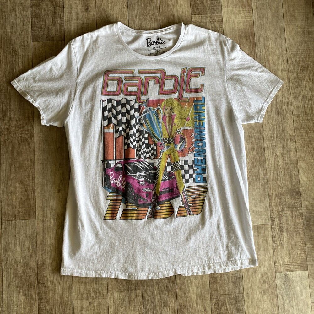 Barbie Adult T-Shirt Racing Phenomenal Short Sleeve White Size XL Unisex